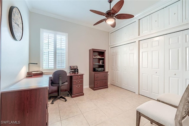 office space with ceiling fan and ornamental molding