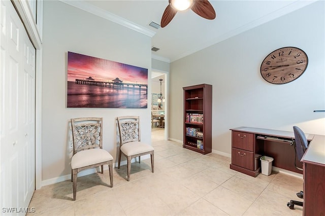 office featuring ceiling fan, light tile patterned flooring, and crown molding