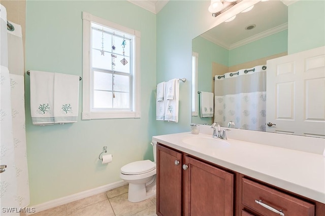 bathroom featuring toilet, tile patterned floors, ornamental molding, vanity, and curtained shower