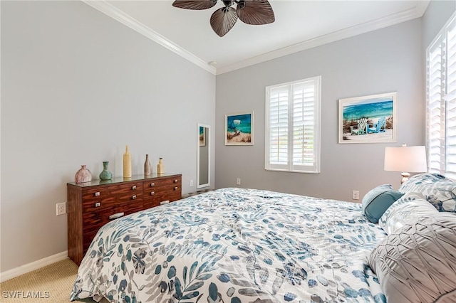 bedroom with ceiling fan, multiple windows, carpet, and ornamental molding