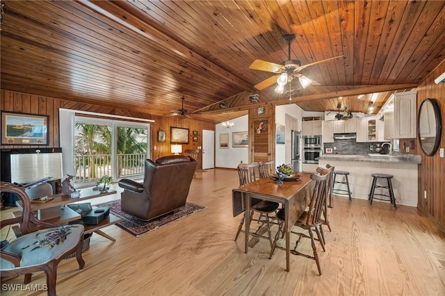 dining area with lofted ceiling with beams, sink, light hardwood / wood-style flooring, ceiling fan, and wood ceiling