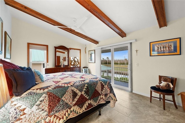 bedroom featuring access to outside, vaulted ceiling with beams, and ceiling fan