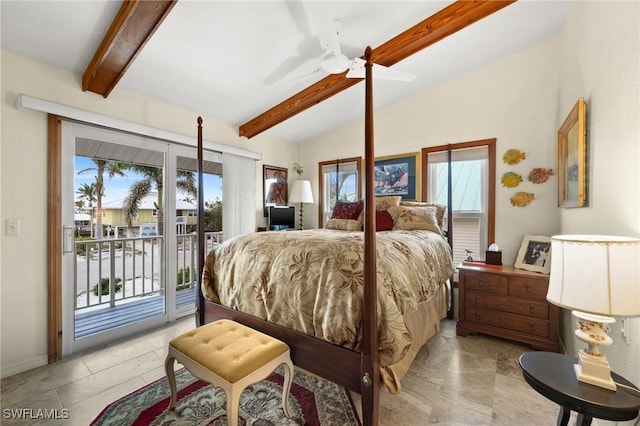 bedroom with lofted ceiling with beams and access to exterior