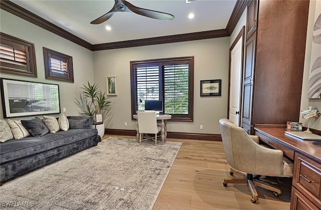 office with ceiling fan, light hardwood / wood-style floors, and ornamental molding