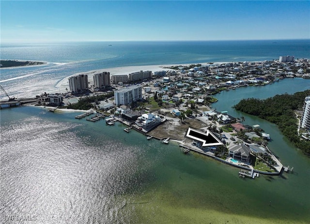 drone / aerial view featuring a water view