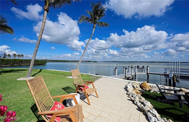 view of patio / terrace featuring a boat dock and a water view