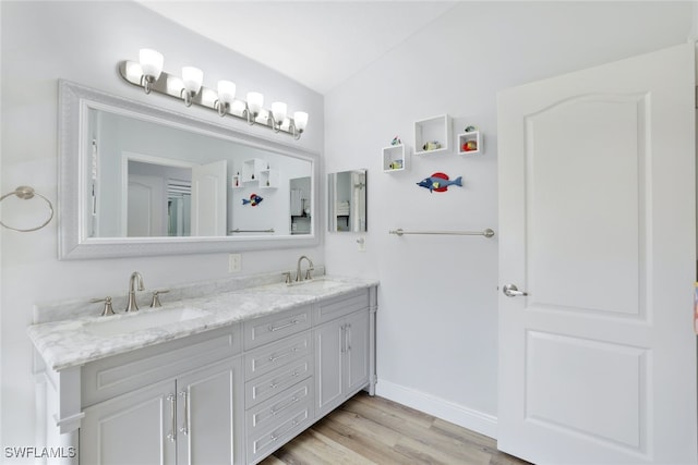 bathroom with vanity and hardwood / wood-style flooring