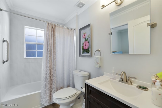 full bathroom with vanity, toilet, crown molding, and shower / tub combo with curtain