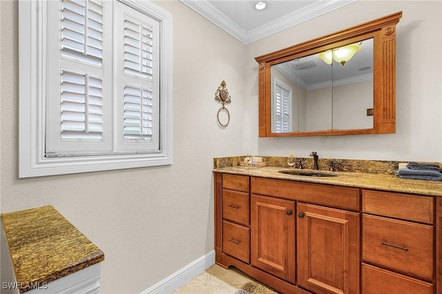 bathroom with tile patterned flooring, vanity, and ornamental molding