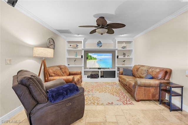 living room featuring built in features, ceiling fan, and crown molding