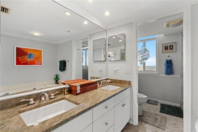 full bath featuring toilet, a sink, visible vents, and crown molding