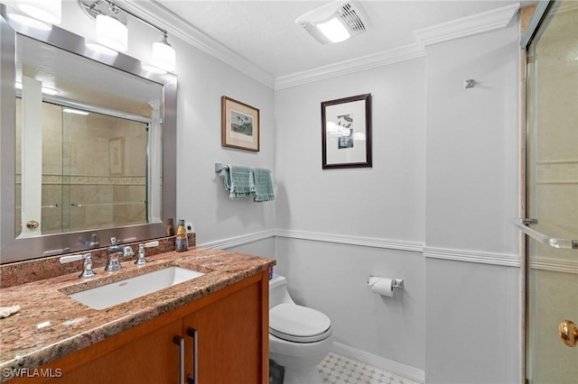 full bath featuring toilet, visible vents, ornamental molding, and a shower stall