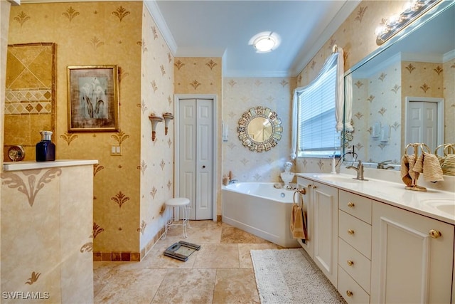 bathroom featuring tile patterned flooring, vanity, a bath, and crown molding