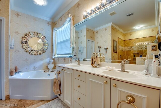 bathroom with independent shower and bath, vanity, tile patterned floors, and crown molding