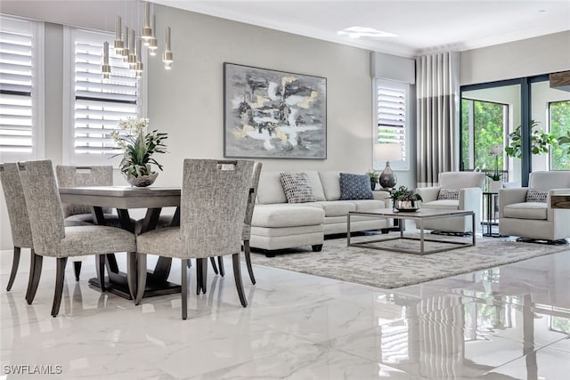 living room with crown molding