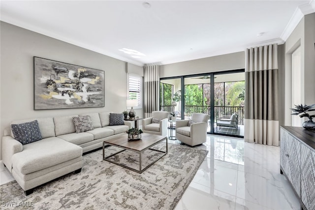 living room featuring ornamental molding