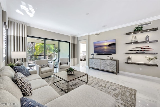 living room featuring ornamental molding