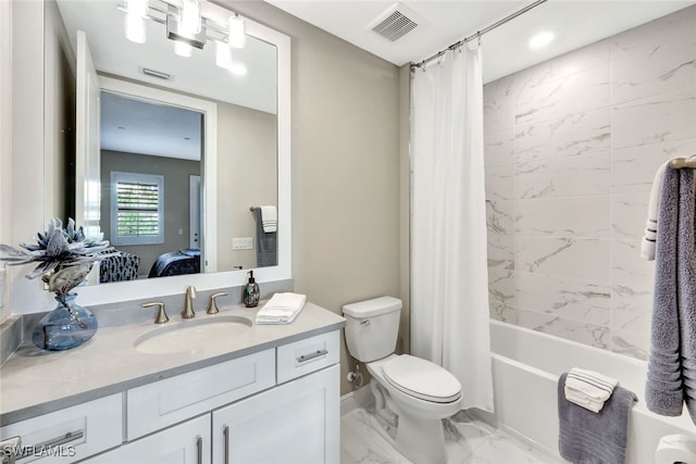 full bathroom featuring shower / bath combination with curtain, vanity, and toilet