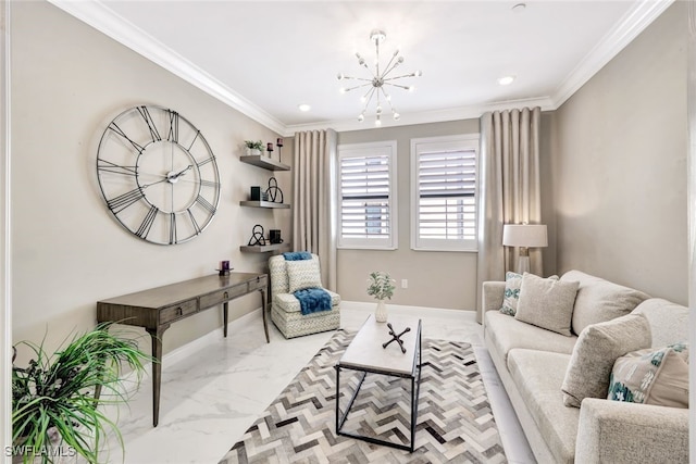 living room featuring an inviting chandelier and ornamental molding