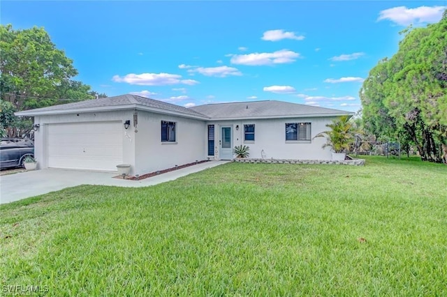 ranch-style house with a garage and a front yard