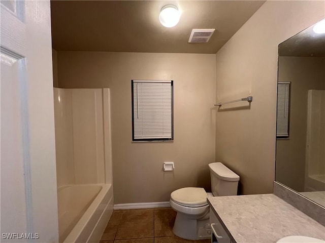 full bathroom with tile patterned flooring, shower / tub combination, vanity, and toilet