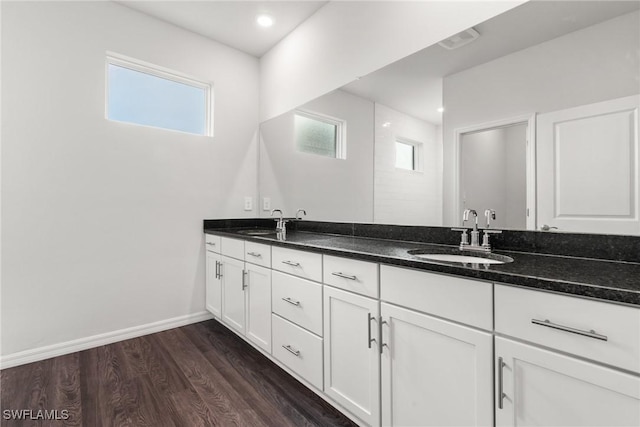 bathroom featuring wood-type flooring, vanity, and a healthy amount of sunlight