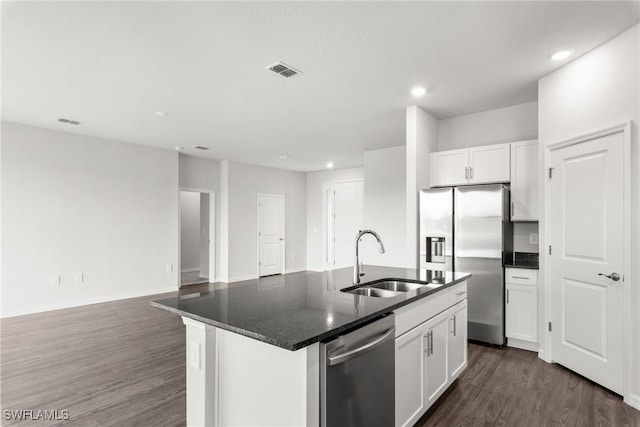 kitchen with white cabinetry, stainless steel appliances, dark hardwood / wood-style floors, a kitchen island with sink, and sink