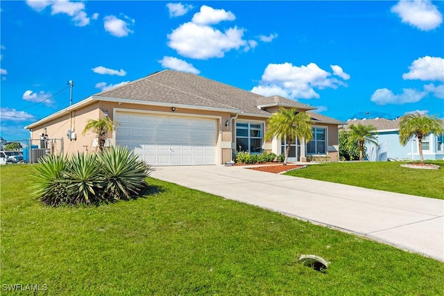 ranch-style home with a garage and a front yard