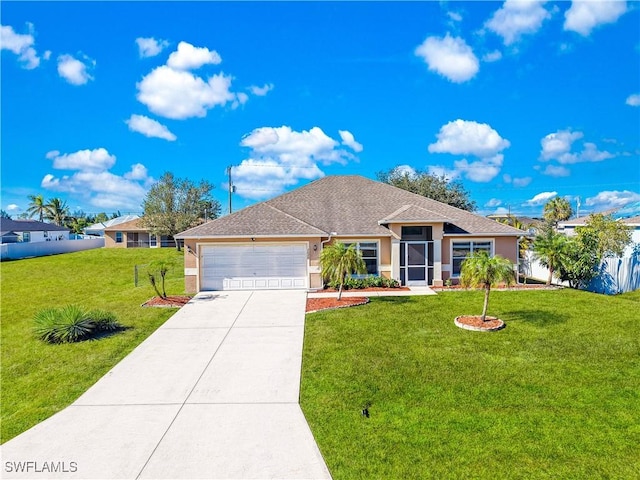 ranch-style home featuring a garage and a front lawn