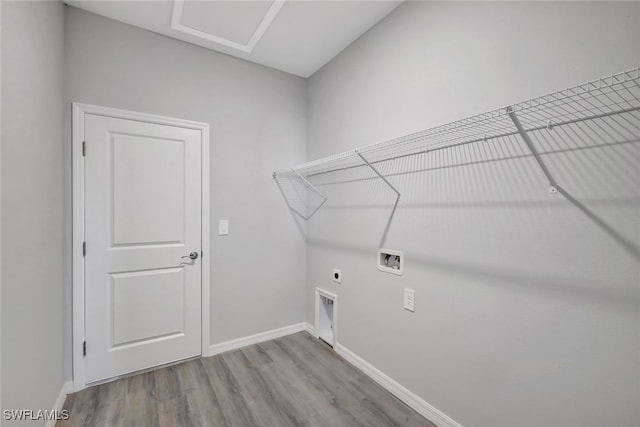 laundry room featuring hookup for a washing machine, light hardwood / wood-style flooring, and electric dryer hookup