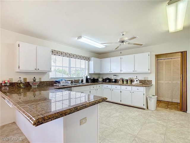 7397 Grande Pine Rd, Bokeelia, FL 33922 - kitchen with kitchen peninsula, ceiling fan, sink, and white cabinets