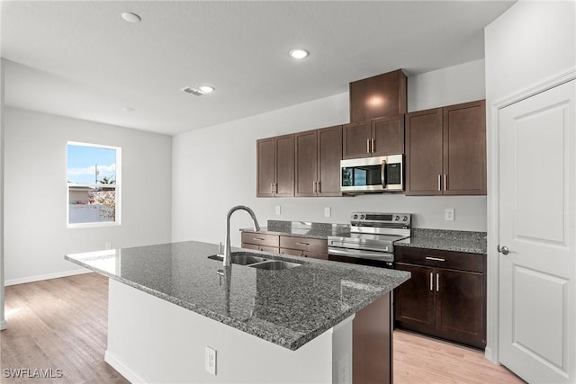 kitchen with dark brown cabinetry, a kitchen island with sink, sink, and stainless steel appliances