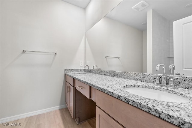 bathroom with hardwood / wood-style floors and vanity