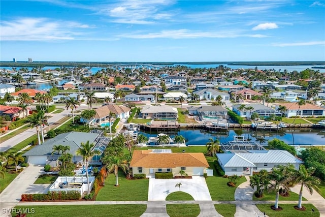 drone / aerial view featuring a water view