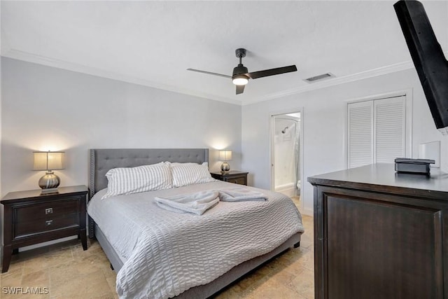 bedroom with a closet, ensuite bathroom, ceiling fan, and crown molding