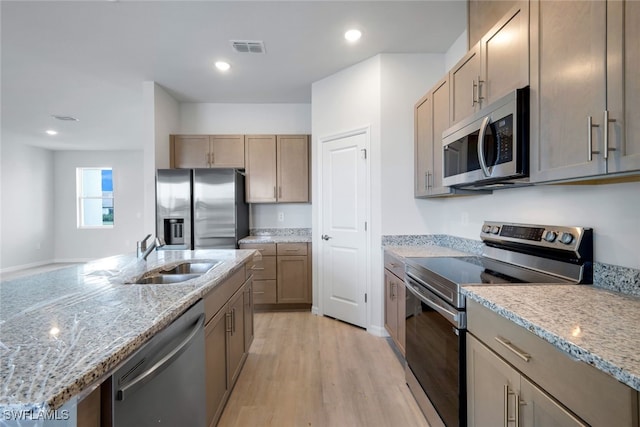 kitchen featuring sink, light stone counters, a kitchen island with sink, appliances with stainless steel finishes, and light wood-type flooring