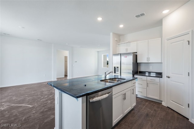 kitchen with stainless steel appliances, white cabinetry, a center island with sink, and sink