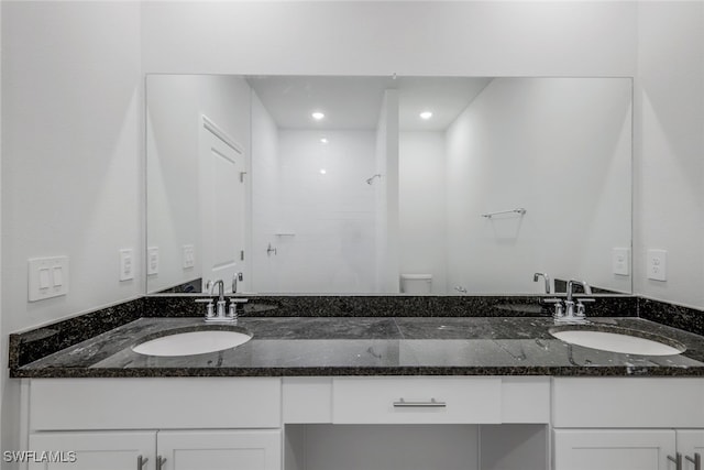 bathroom with a shower, vanity, and toilet