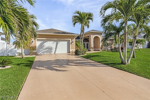 view of front of home featuring a front yard and a garage