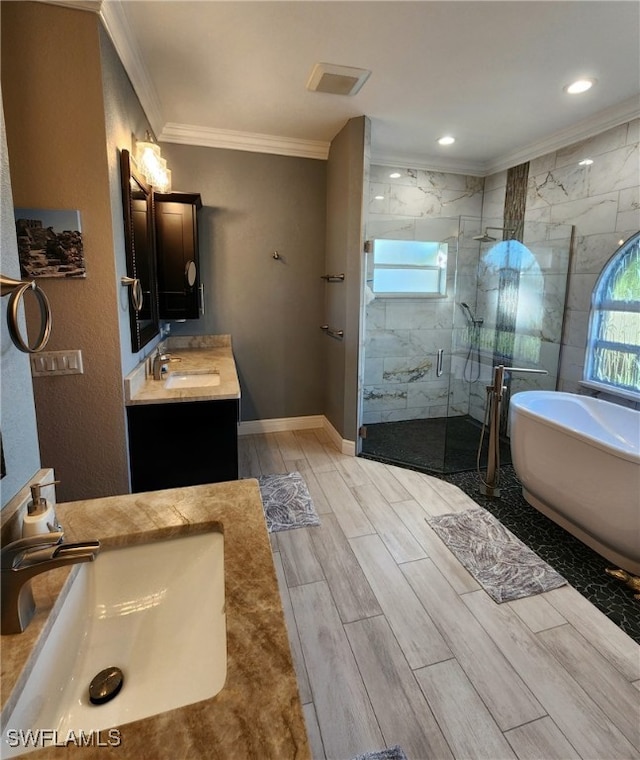 bathroom featuring vanity, ornamental molding, and plus walk in shower