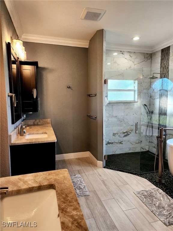 bathroom with shower with separate bathtub, vanity, and crown molding