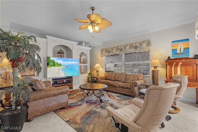 tiled living room featuring ceiling fan and crown molding