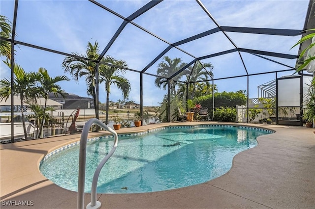 view of swimming pool with a lanai and a patio