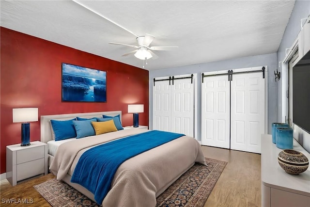 bedroom with ceiling fan, a barn door, wood finished floors, and two closets