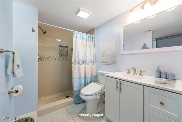 full bathroom featuring a tile shower, toilet, tile patterned floors, and visible vents
