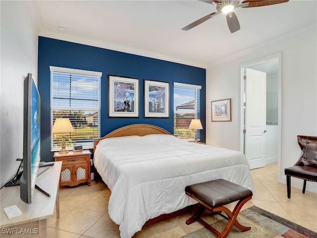 bedroom featuring light tile patterned floors, ceiling fan, and ornamental molding