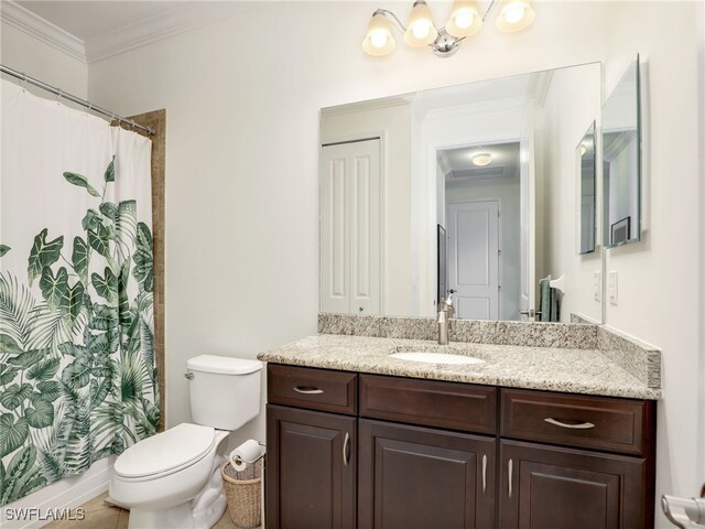 bathroom featuring a shower with curtain, tile patterned flooring, crown molding, toilet, and vanity