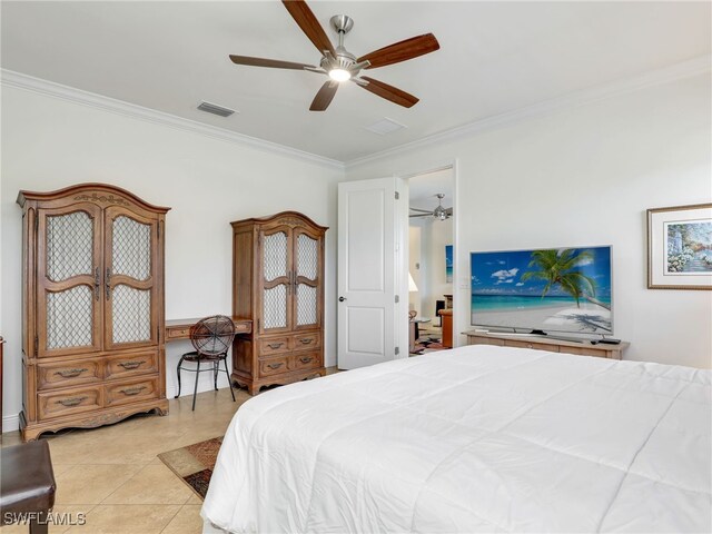 tiled bedroom featuring ceiling fan and ornamental molding