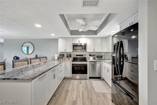 kitchen featuring kitchen peninsula, appliances with stainless steel finishes, white cabinets, and a raised ceiling