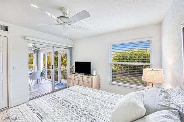 bedroom featuring ceiling fan, access to outside, and multiple windows